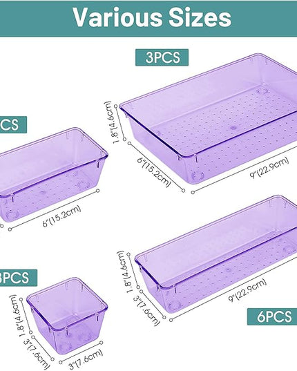 WOWBOX 25 PCS Plastic Drawer Organizer Set, Desk Drawer Divider Organizers and Storage Bins for Makeup, Jewelry, Gadgets for Kitchen, Bedroom, Bathroom, Office, Clear Purple