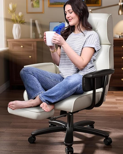 Criss Cross Chair with Wheels and Arms, Reclining Office Chair with Footrest and Wide Seat, Leather Big and Tall Desk Chair 400LBS, Button Tufted Vintage Design, White