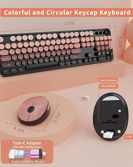 Wireless Keyboard and Mouse Combo, Ergonomic Full Size Typewriter Retro Round Keycaps Keyboard, Compatible with Windows, PC, Perfer for Home and Office Keyboards (Aurora Red)