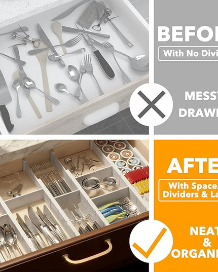 SpaceAid Bamboo Drawer Dividers with Inserts and Labels, Kitchen Adjustable Drawer Organizers, Expandable Organization for Home, Office, Dressers, 7 Dividers with 15 Inserts (17"-22" White)