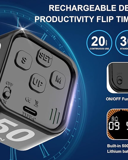 Rotating Cube Pomodoro Timer 5, 25, 10, 50 Min Preset + Custom Countdown, Desk Productivity Flip Visual Timer w/Silicone Case, Silent Mode, Ideal for ADHD Tool Study Work School (Black)