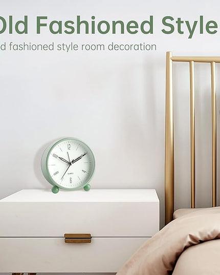 Analog Alarm Clock, 4 inch Super Silent Non Ticking Small Clock with Night Light, Battery Operated, Simple Design, Old Fashioned Style Ideal Decor, for Bedroom, Bedside, Desk, Adult, Kid, Gift, Green