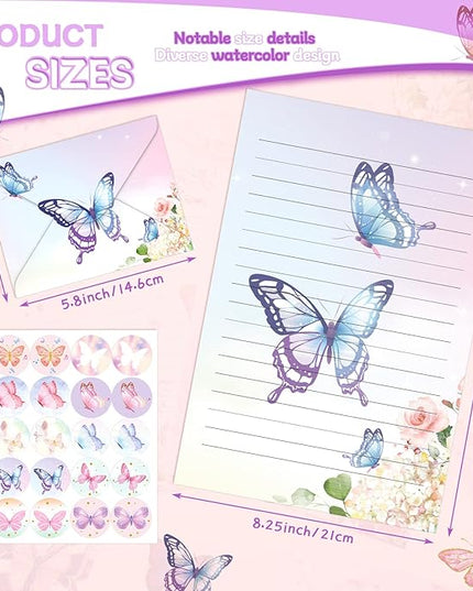 TaoBary 160 Pcs Stationery Paper Set 50 Double Sided Stationery Papers with 50 Matching Envelopes and 60 Round Dot Sticker, 10 Design(Watercolor Butterfly,5.5 x 8.25 Inch)