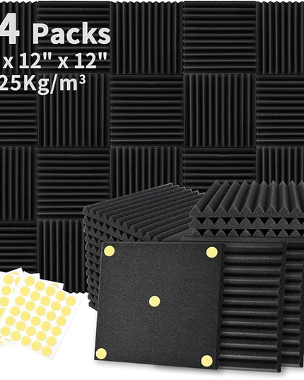 Focusound 24 Pack Acoustic Foam Panels 1" x 12" x 12" Sound Proof Foam Panles Soundproofing Noise Cancelling Wedge Panels for Home Office Recoding Studio with 240PCS Double-Side Adhesive