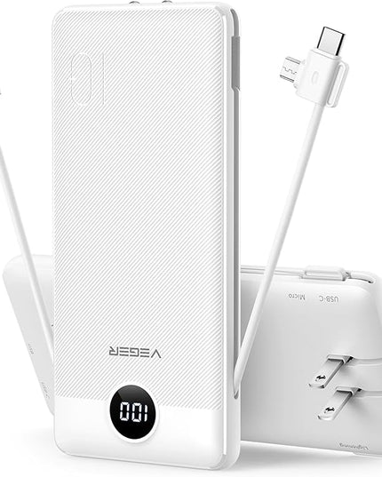 VEGER Portable Charger for iPhone Built in Cables and Wall Plug, 10000mah Slim Fast Charging USB C Power Bank, Travel Essential Battery Pack Compatible with iPhones, iPad, Samsung More Devices(White)