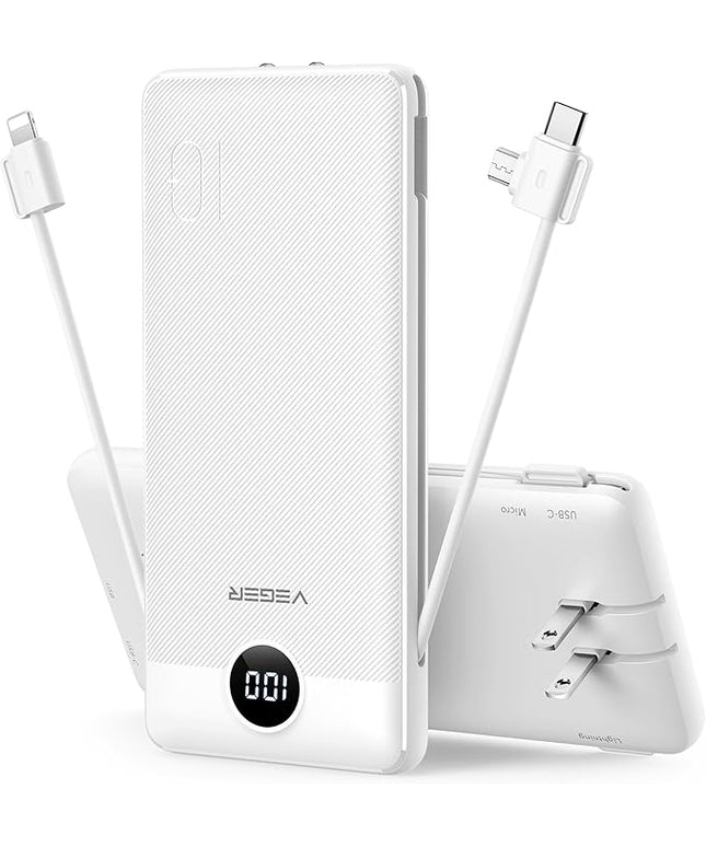 VEGER Portable Charger for iPhone Built in Cables and Wall Plug, 10000mah Slim Fast Charging USB C Power Bank, Travel Essential Battery Pack Compatible with iPhones, iPad, Samsung More Devices(White)