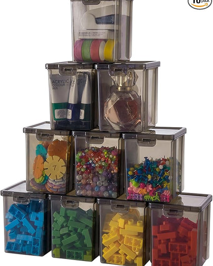 10 Pack Black Storage Bins with Lids - Stackable Plastic Organizer Boxes for Crafts, Art Supplies, Jewelry, Beads, Office Tools, Pantry Storage - 3.5x3.5x4.5 Inch, Black Square Medium