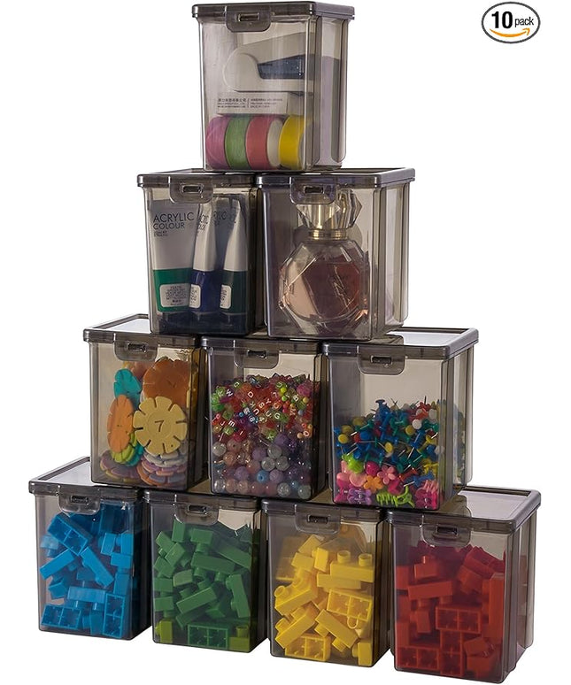 10 Pack Black Storage Bins with Lids - Stackable Plastic Organizer Boxes for Crafts, Art Supplies, Jewelry, Beads, Office Tools, Pantry Storage - 3.5x3.5x4.5 Inch, Black Square Medium