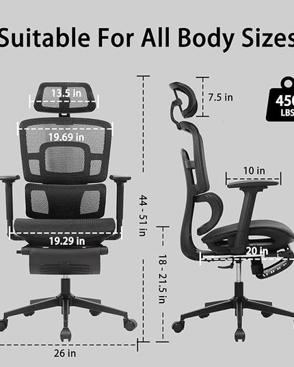 Ergonomic Office Chair with Footrest, Big & Tall, 4D Adjustable Armrests, Comfy Swivel Rolling Mesh Computer Desk Chair with Lumbar Support, Wheels for Office, Home, Gaming, Elite S2