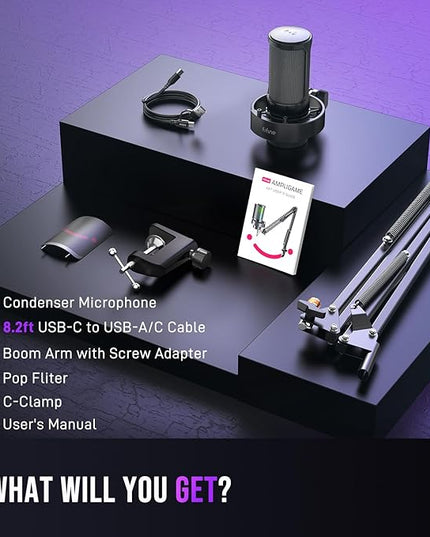FIFINE USB Gaming Microphone Kit, PC Streaming Mic with RGB Lights, Mute, Gain Knob, Metal Boom Arm for Recording Podcast, Condenser Computer Microphone Set Compatible with PS4/PS5-AmpliGame A8T