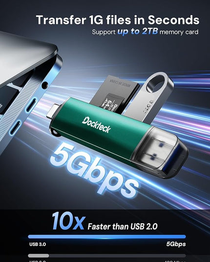 Dockteck SD Card Reader, 5G Super Speed USB3.0 SD/TF Card Reader, 3-Slot USB A/C to SD/Micro SD/USB A Memory Card Reader for UHS-I SD/Micro SD/SDHC/SDXC/MMC, Support OTG for Plug&Play,Green