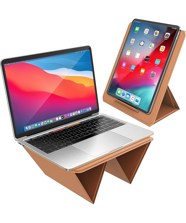 AboveTEK Portable 2-in-1 Foldable iPad & Laptop Holder for Desk, Adjustable Travel Stand for 14"17" MacBook Air/Pro/Tablets/Kindle, Ultra-Sleek PU Leather Computer Riser