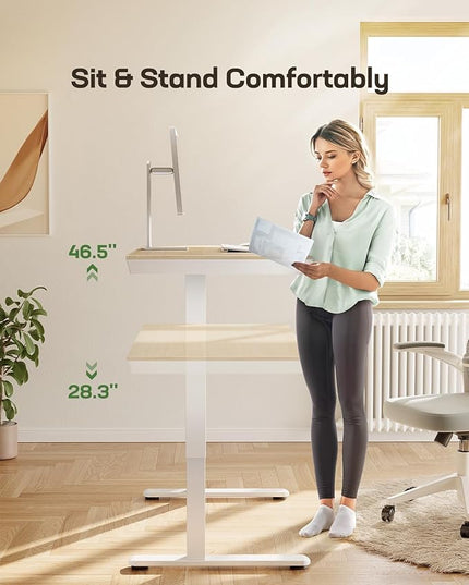 Marsail Electric Solid Standing Desk, 48 x 24 inch Standing Desk with Drawer, Sit Stand Desk with Tabletop & USB Charging Ports, Height Adjustable Desk with Storage for Home & Office Natural