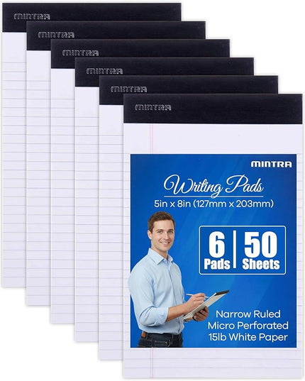 Mintra Office Legal Pads - ((BASIC WHITE 6pk, 5in x 8in, NARROW RULED))