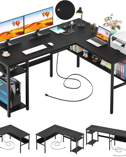 Unikito Reversible L Shaped Desk with Magic Power Outlets and USB Charging Ports, Sturdy Corner Computer Desk with Storage Shelves, Gaming Table Home Office Desk, Easy to Assemble, Black