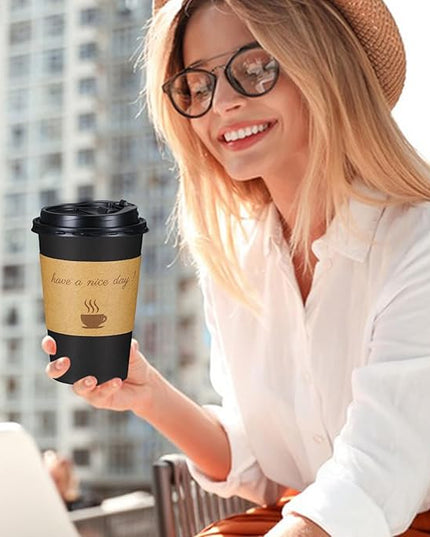 Lamosi 16 oz Coffee Cups with Lids 100 Pack, 16 oz Disposable Coffee Cup with Stir Sticks and Sleeves, To Go Hot Paper Cup for Home, Travel, Office