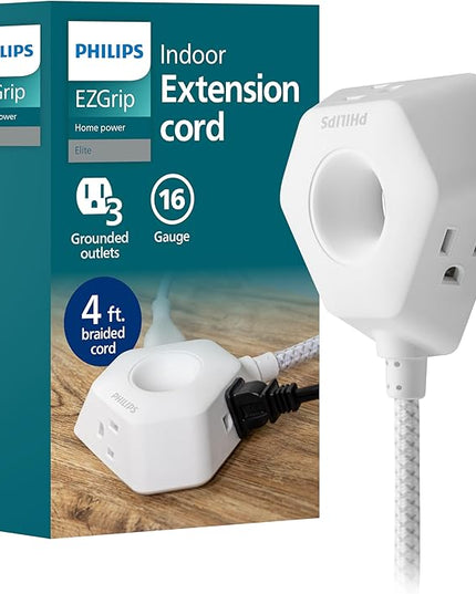 Philips EZGrip Indoor Extension Cord with Multiple Outlets, 3 Prong Grounded Cord, Short Extension Cord, Ergonomic Design, 16AWG, 4ft Braided Cord, ETL Listed, White, SPS3574W/37