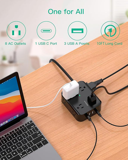 Extension Cord 10 FT, Flat Plug Power Strip Surge Protector with 8 Wide Outlets 4 USB Ports, 3-Side Outlet Extender, Mounted, Overload Protection, for Indoor Home Office, Dorm Room Essentials