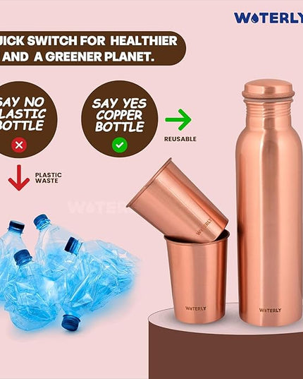 Plain Copper Water Bottle (34 Oz /1000ml) With Set Of 2 Tumbler (10 Oz/300ml Each) | Best use for Office,Gym & gifts |100% Pure Copper Material with Leak proof Quality Made In India