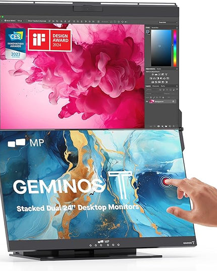 Mobile Pixels Geminos T (2 x 24 inch) Dual Stacked Computer Monitor with All-inclusive Workstation, 65W USB-C Charging Touchscreen, 1080P Webcam&Speakers, USB-A/USB-C/HDMI, Ergo Design (2 Monitors)