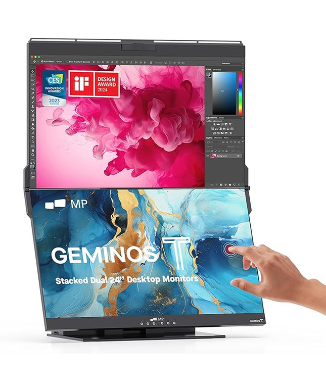 Mobile Pixels Geminos T (2 x 24 inch) Dual Stacked Computer Monitor with All-inclusive Workstation, 65W USB-C Charging Touchscreen, 1080P Webcam&Speakers, USB-A/USB-C/HDMI, Ergo Design (2 Monitors)