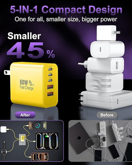 USB C Fast Wall Charger Block, 2Pack 60W USBC Charging Cubes, 5-Port PD+QC Power Adapter Multiport Brick Type C Box Plug for Phone 16/15/14/13/12/11/Pro Max/Plus, Pad Mini/Pro/S25/S24-Yellow