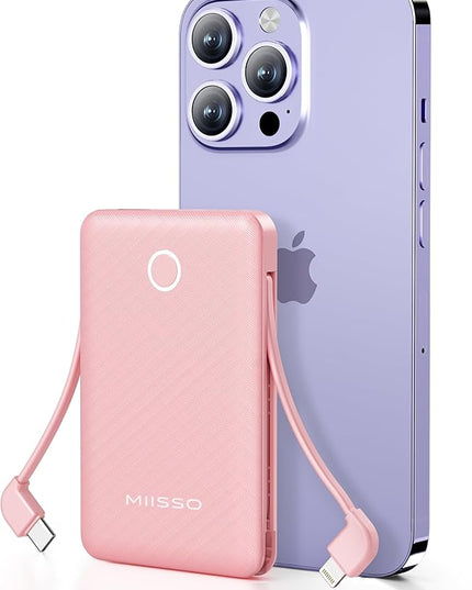miisso 6000mah Ultra Slim Built in Cables Power Bank, Card Size Built in USB C Cords Battery Pack Portable Charger for Phones, 3 Output External Battery Pack Compatible with iPhone, Pink