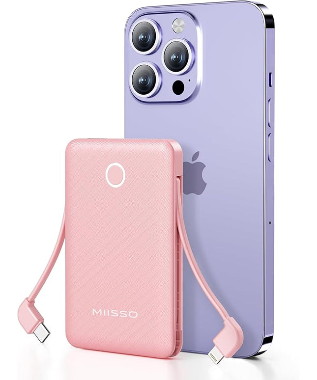 miisso 6000mah Ultra Slim Built in Cables Power Bank, Card Size Built in USB C Cords Battery Pack Portable Charger for Phones, 3 Output External Battery Pack Compatible with iPhone, Pink