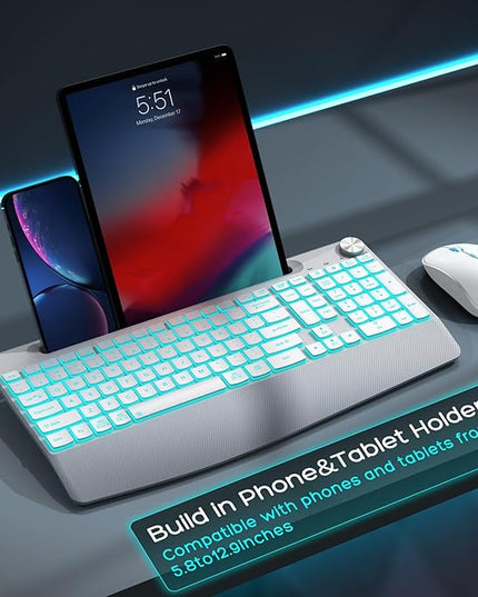 JOYACCESS Ergonomic Wireless Keyboard with Phone Holder,Rechargeable Backlt Wireless Keyboard Mouse Combo with Light Up Keys for for Laptop, PC, Mac, Windows-Silver White