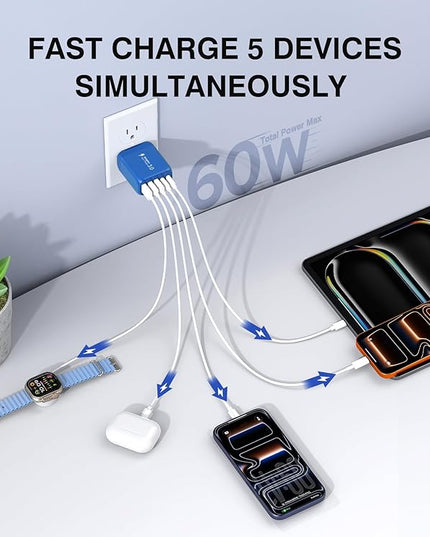 (2-Pack) 60W USB C Wall Charger Block, 5-Port C Charger Fast Charging Block PD Power Adapter +QC 3.0 Multiport Type C Box Brick Cube USB A Wall Plug for iPhone 15/16/17 Pro Max,Samsung (Dark Blue)