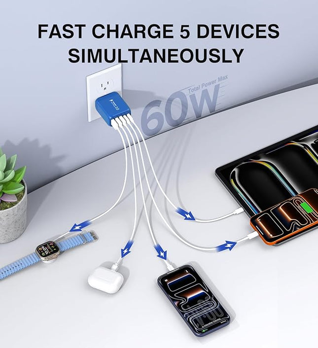(2-Pack) 60W USB C Wall Charger Block, 5-Port C Charger Fast Charging Block PD Power Adapter +QC 3.0 Multiport Type C Box Brick Cube USB A Wall Plug for iPhone 15/16/17 Pro Max,Samsung (Dark Blue)