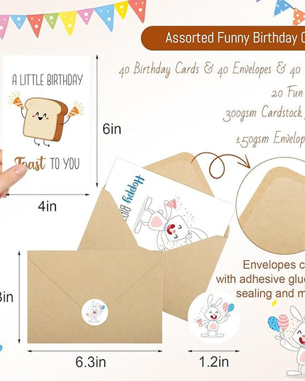 40 Birthday Cards with Envelopes & Stickers Set, 4"x6" Funny Bulk Birthday Card 20 Unique Designs Cute Handmade Greeting Card for Kids, Women, Friends, Family, Work & Office
