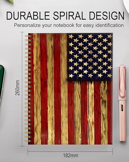 Spiral Journal Notebook for Women,A5 College Ruled Notebooks 6"x 8.4",120 Pages Lined Journal with Premium Thick Paper,Perfect for School Office Home Gifts(Wood American Flag)