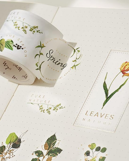 WT Green Oasis Washi Sticker Set, 3 Rolls, Original Designs, Pastel Decorative, Plants Sticker, Gold Foil, Bujo Planner Supplies, DIY Paper Stickers