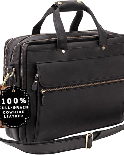 Luxorro Full Grain Leather Briefcase for Men, Top Choice Gifts for Men, Handcrafted Leather Laptop Bag with Multiple Compartments and Brass Hardware, Fits 15.6 Inch Laptop