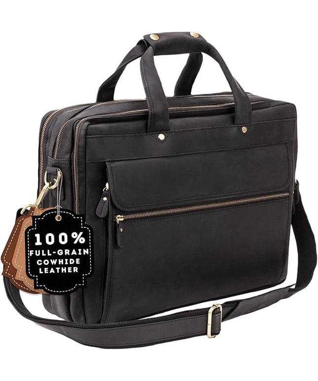 Luxorro Full Grain Leather Briefcase for Men, Top Choice Gifts for Men, Handcrafted Leather Laptop Bag with Multiple Compartments and Brass Hardware, Fits 15.6 Inch Laptop
