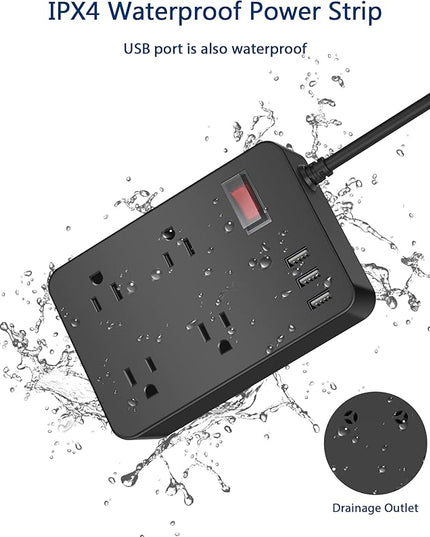 Outdoor Power Strip Weatherproof,Waterproof Surge Protector with 4 Outlets,3 USB,Shockproof Overload Protection, Multi Outlet Extension for Camping, Garden, Kitchen, Bathroom, 6ft Cord,with Flat Plug