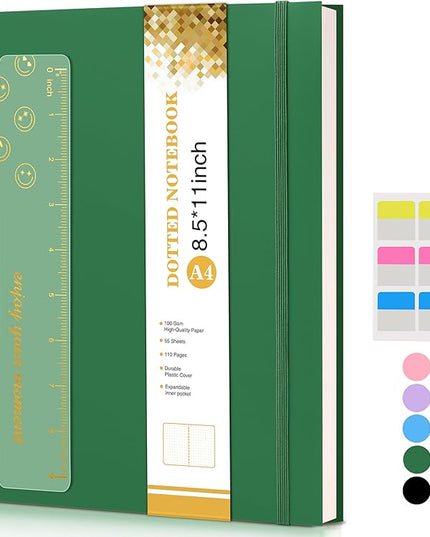 Dotted Notebook, Spiral Notebook Journal 8.5” x 11”, A4 Large Dot Grid Notebooks for Women Men, 100 GSM Dotted Paper, Plastic Hardcover Spiral Bullet Journals for Work School Sketching, Green