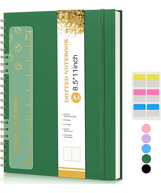 Dotted Notebook, Spiral Notebook Journal 8.5” x 11”, A4 Large Dot Grid Notebooks for Women Men, 100 GSM Dotted Paper, Plastic Hardcover Spiral Bullet Journals for Work School Sketching, Green