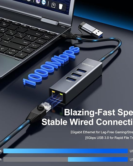 USB C to Ethernet Adapter, 4-in-1 USB C Hub with Gigabit LAN Port and 3 USB 3.0 Ports, Compatible with MacOS, Windows Linux Laptops, Driver-Free Setup, Portable RJ45 Dongle for Laptop