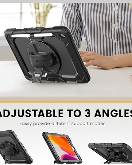 Timecity Case for iPad 9th/ 8th/ 7th Generation 10.2 inch - Heavy Duty Protective Cover with Screen Protector, Rotating Stand, Shoulder Strap & Pencil Holder | Kids-Friendly (Black)