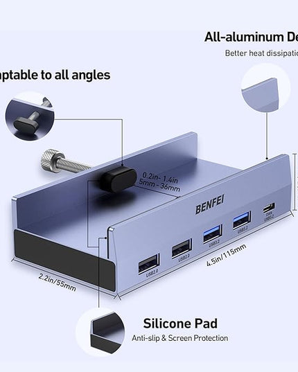 BENFEI 8-in-1 USB C Hub with Secure Clamp – Features 4K@60Hz HDMI, Gigabit Ethernet, 100W PD, 10Gbps 1x USB-C, 2 x USB-A 3.2, 2 x USB-A 2.0 Compatible with MacBook, iPad Pro, iMac, S23, XPS17