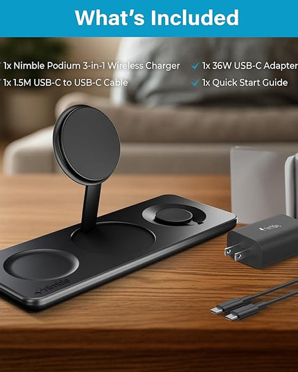 Nimble Podium 3-in-1 Wireless Charging Station for Apple, Qi2-Certified 15W Magsafe Charger Stand, Wireless Charger for iPhone 17 16 15 14 13 - Apple Watch - Airpods Series (Charger & USB-C Included)