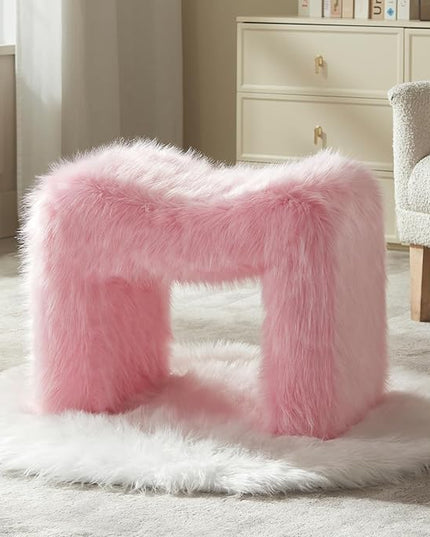 Vanity Stool Chair Small Footstool Ottoman Faux Fur Seating Backless Modern Foot Rest Ottoman Furry for Makeup Room Living Room Bedroom Entryway,Pink (Single 1)
