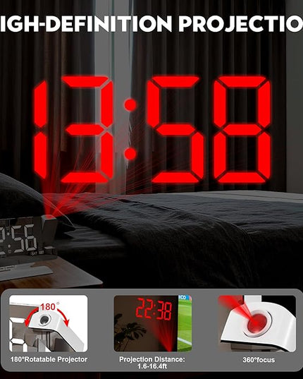 SZELAM Digital Clock,Alarm Clock Bedside with Projection,7.3" Mirror Clock with 180°Rotating Projector,Dual Alarm with 3 Mode,Brightnee Adjust,DST,Snooze,Charging Port,5 Levels Volume for Desk Teens