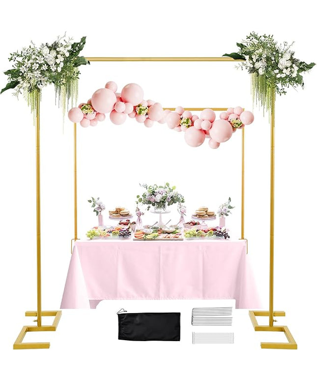 8.2FT Square Arch Backdrop Stand,Metal Gold Backdrop Stand Heavy Duty Adjustable,Extra 2 Clamps Change Over The Table Rod Stand,Wedding Balloon Arch Stand for Valentine Parties Decoration