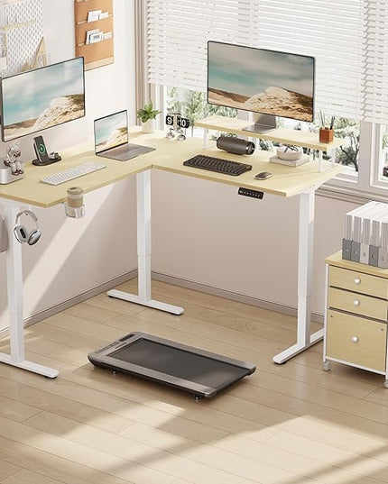 Flycity Electric L Shaped Standing Desk with File Cabinet, 59" x 59" Corner Computer Desk with Drawers, Dual Motor Stand Up Desk with Storage, Home Office Standing Desk Adjustable Height, Maple