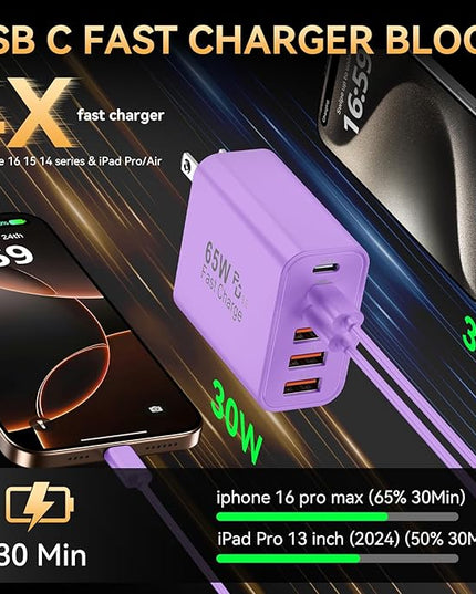USB C Fast Charger Block, iPhone Charger Fast Charging Blocks 65W Multi Port Charger 6-Ports PD & QC Charging Cube Brick Power Adapter Type C Wall Chargers for iPhone 17/16/15/14/13/12 Pro Max, iPad