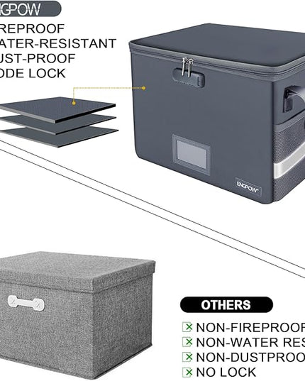 ENGPOW File Box with Lock, Fireproof Document Box with Zipper Lid, Collapsible File Organizer Storage Filing Cabinet with Handle, Portable Home Office Safe for Hanging Letter/Legal Folders, Grey