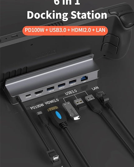 Diyeeni USB C Docking Station for Steam Deck & ROG Ally, 6-in-1 Dock with HDMI 2.0 4K@60Hz, Gigabit Ethernet, 3*USBA 3.0, 100W PD Fast Charging, Plug and Play
